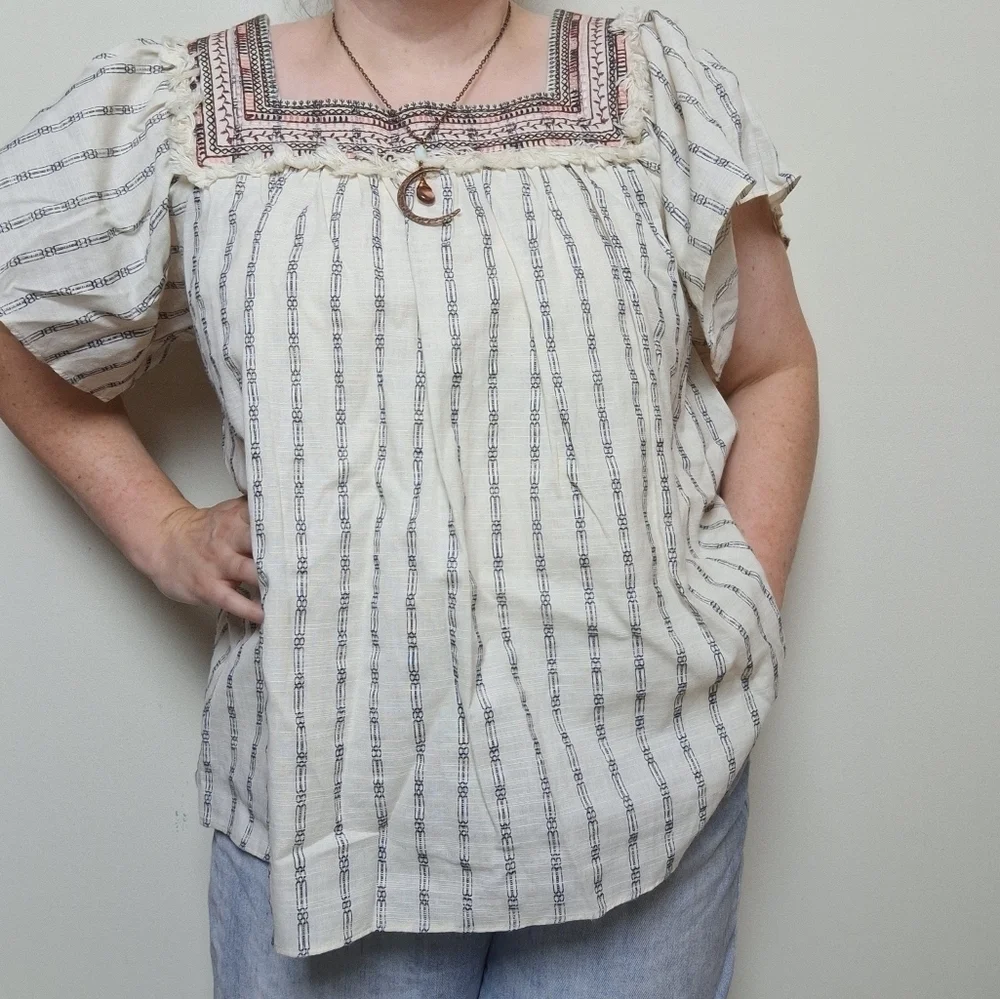 Anthropologie Lydia Striped Embroidered Blouse in Neutral Size Medium